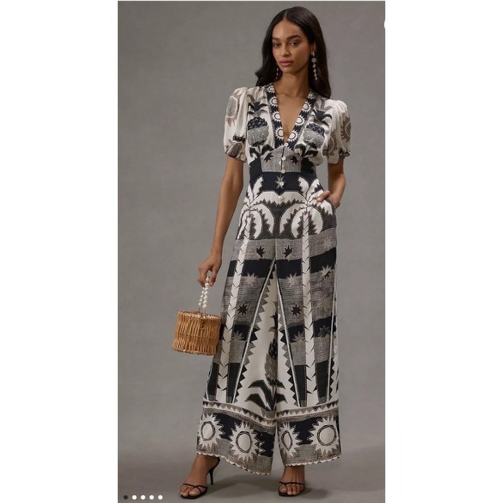 FARM Rio Puff Sleeve Linen Jumpsuit Black Cream Sun Palm Print Wide Leg Small